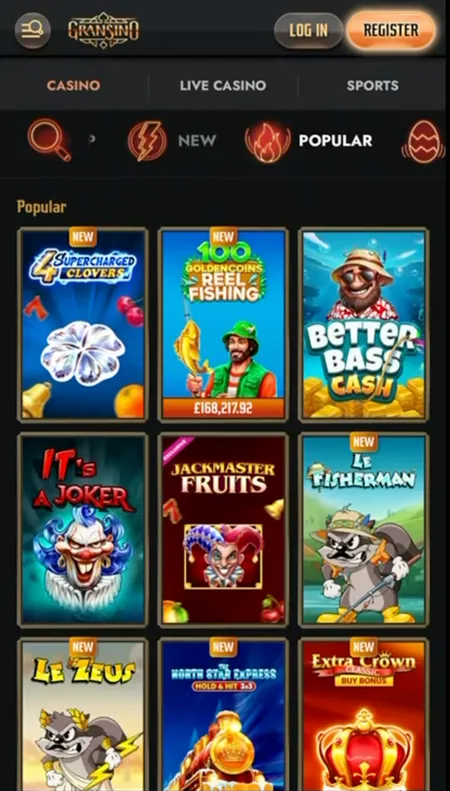 Gransino mobile lobby showing Popular and New slots