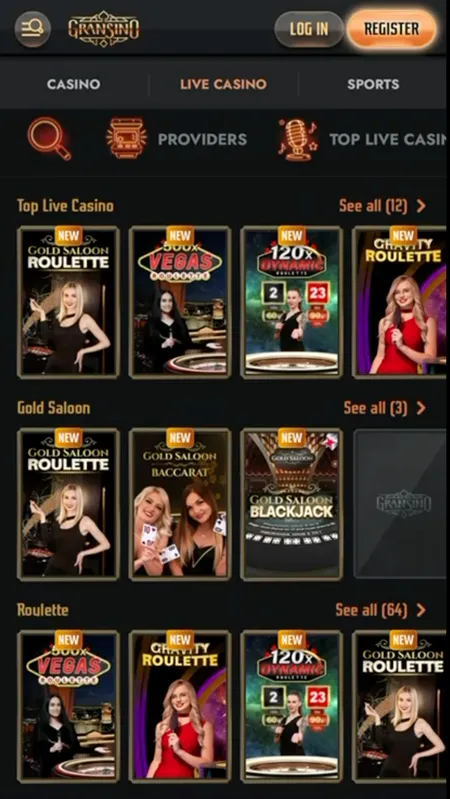 Gransino live casino lobby on mobile