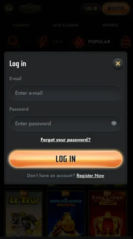 Gransino login modal on mobile device