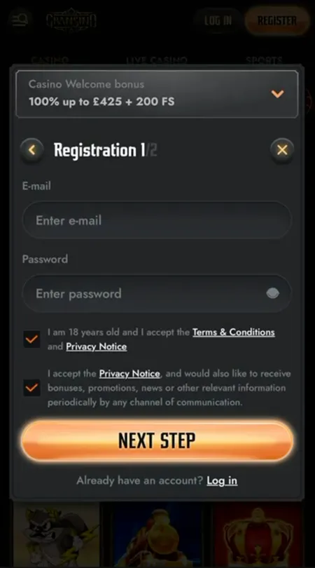 Gransino registration step 1 form with email and password fields