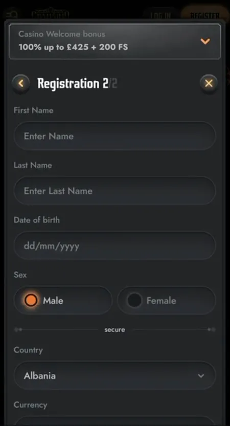 Gransino registration step 2 personal information fields