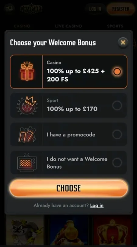 Gransino welcome bonus selection on mobile