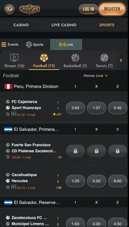 Gransino live sports betting interface with football odds
